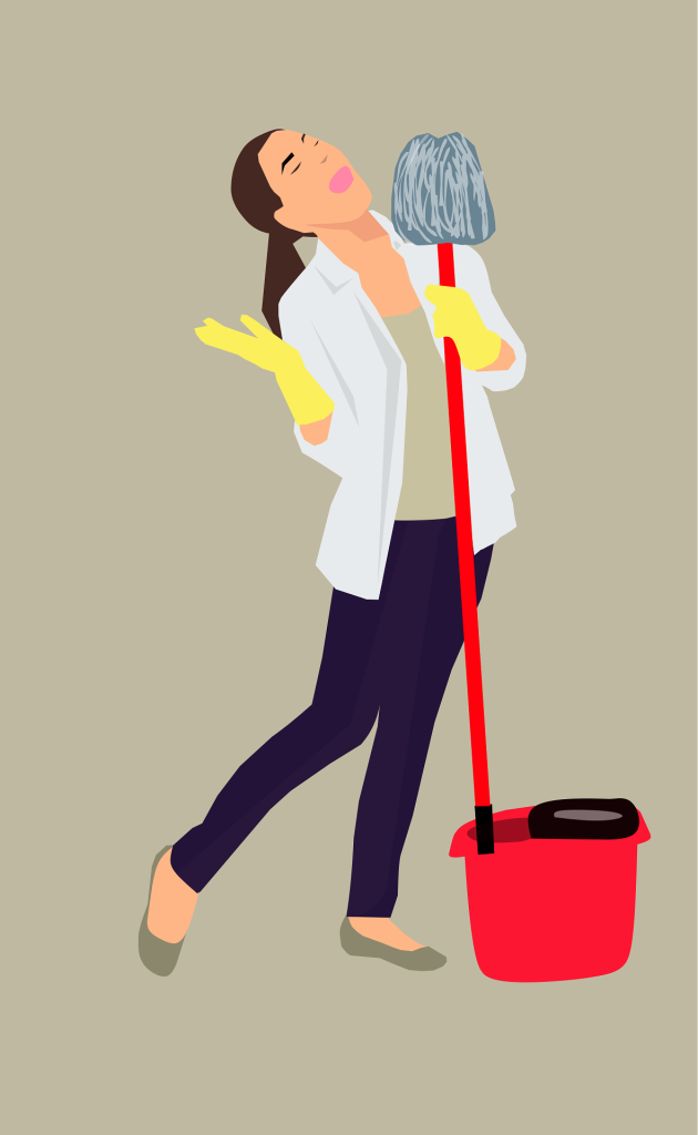 Illustration of a woman in yellow gloves happily holding a mop beside a red bucket, showing a playful take on cleaning.