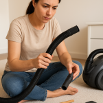 A woman unclogging a vacuum hose using simple household tools in a bright home setting