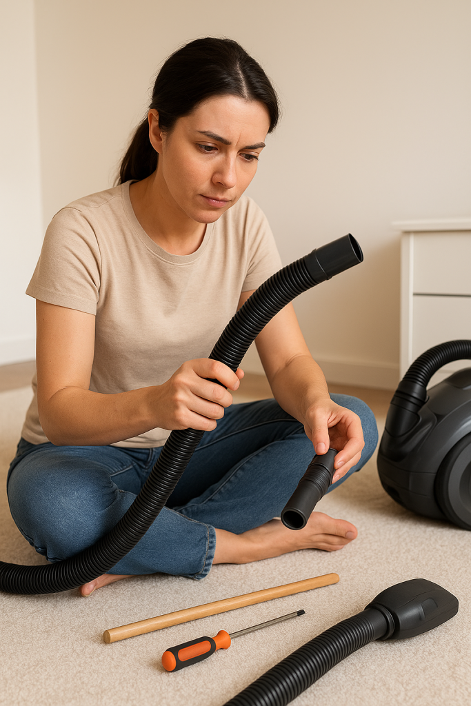 A woman unclogging a vacuum hose using simple household tools in a bright home setting