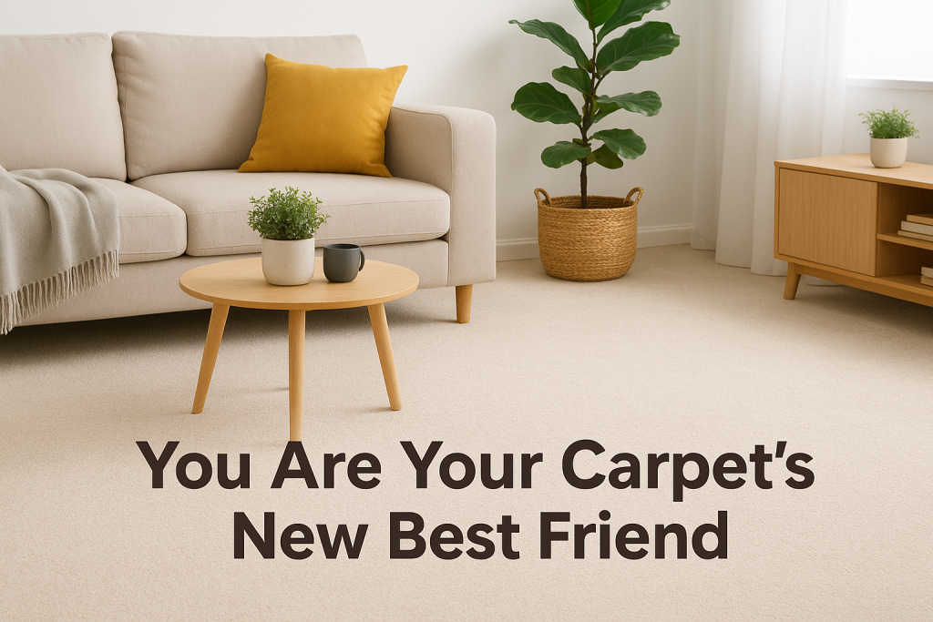 Modern bright living room with beige carpet, cozy sofa, and green plant — a clean, fresh finish.