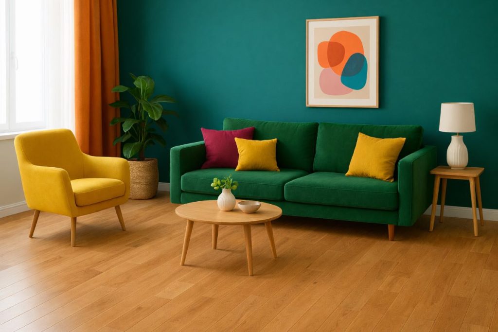 Modern living room with green sofa and yellow armchair on light oak hardwood floor, natural wood grain clearly visible, teal accent wall and abstract wall art in background.