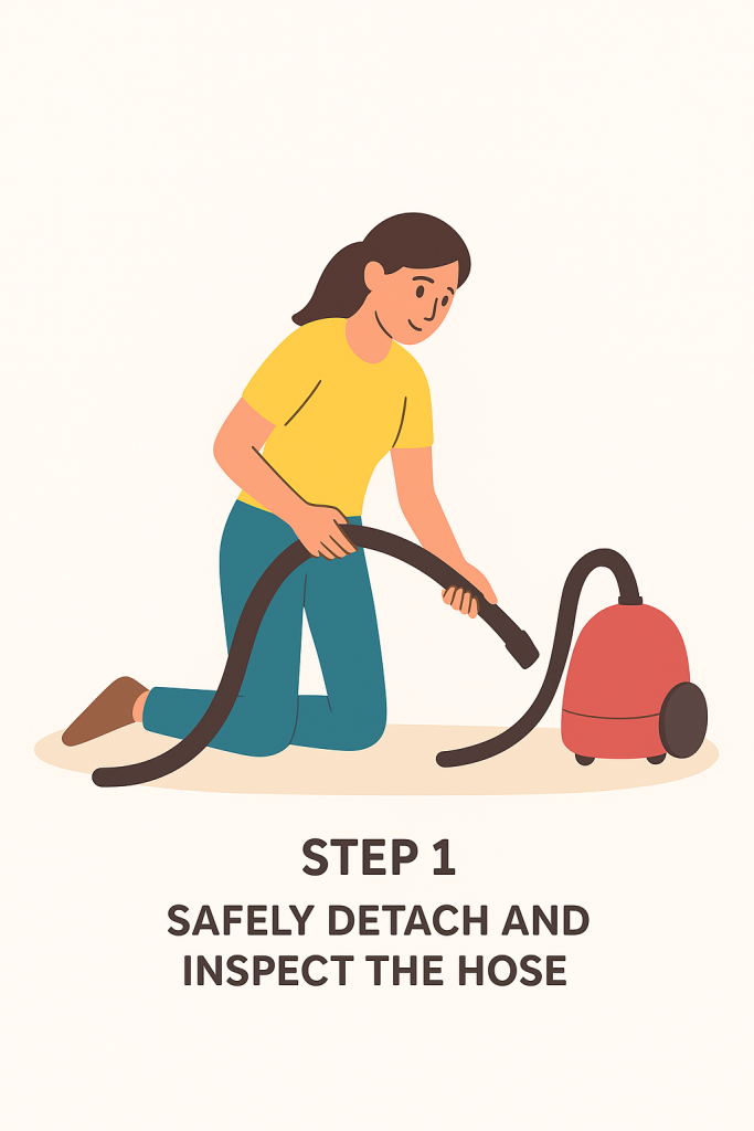 Illustration showing a person safely detaching a vacuum hose and inspecting it for clogs or damage.