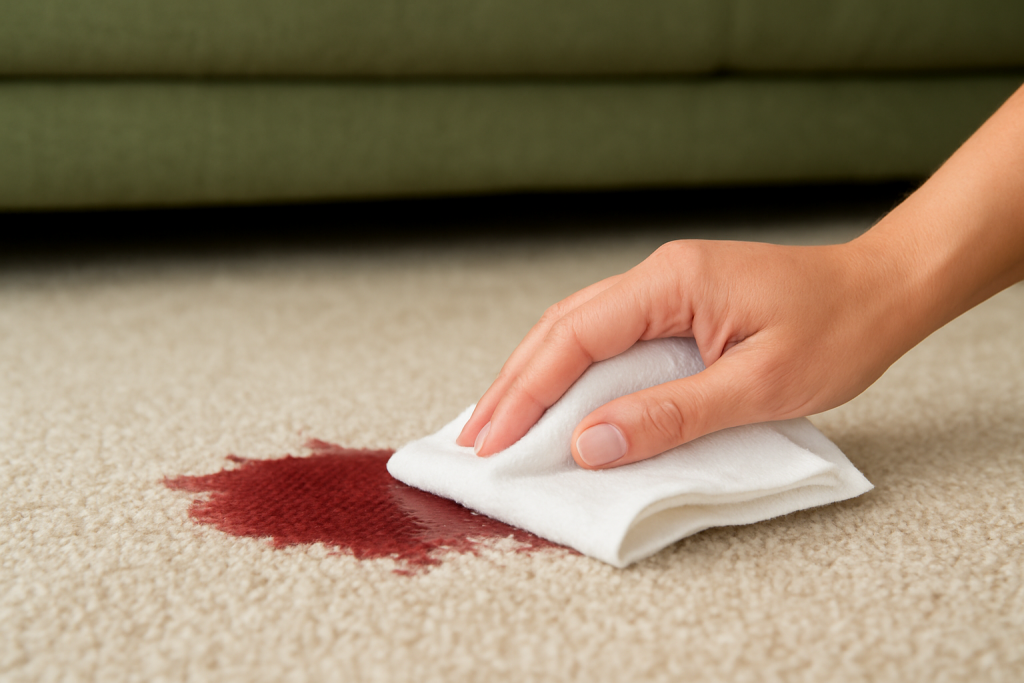 Hand gently blotting a spill on beige area rug with white cloth near green sofa.