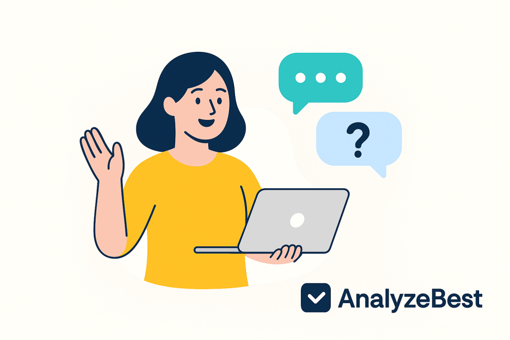 Illustration of a friendly woman waving while using a laptop with chat bubbles above her, representing how to contact AnalyzeBest for questions or support.