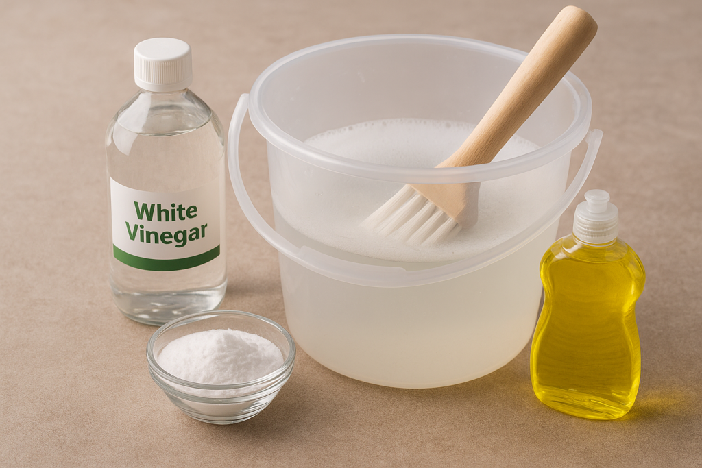 Homemade paver cleaner ingredients — vinegar, dish soap, and baking soda.