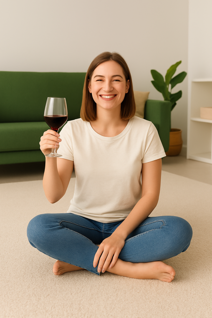 Smiling person holding a glass of wine sitting on a clean carpet.