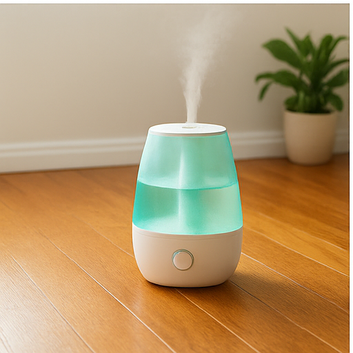 A cool mist humidifier releasing vapor on a hardwood floor, helping maintain ideal humidity levels for longer-lasting wood floors.