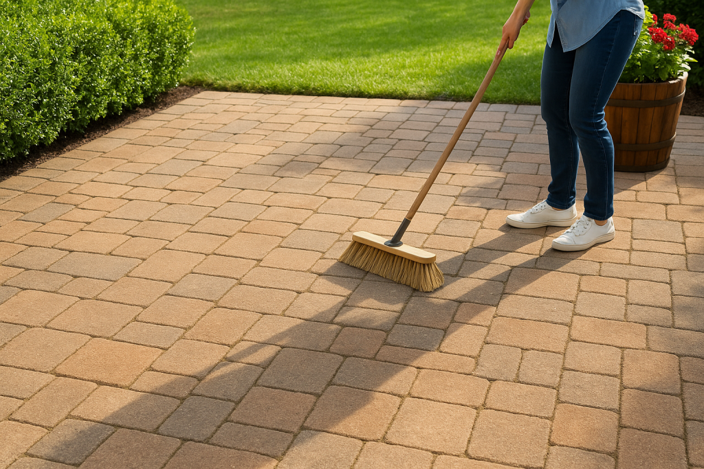 A cean sunlit patio and person sweeping the patio.