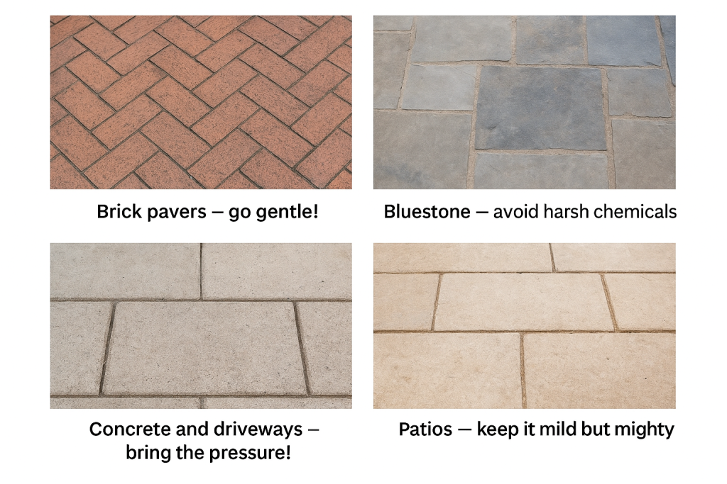 Collage of clean pavers — brick, bluestone, concrete, and patio types.