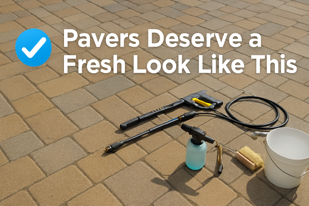 Sparkling clean pavers with a pressure washer, brush, and bucket of soap, text overlay reads “Pavers deserve a fresh look like this