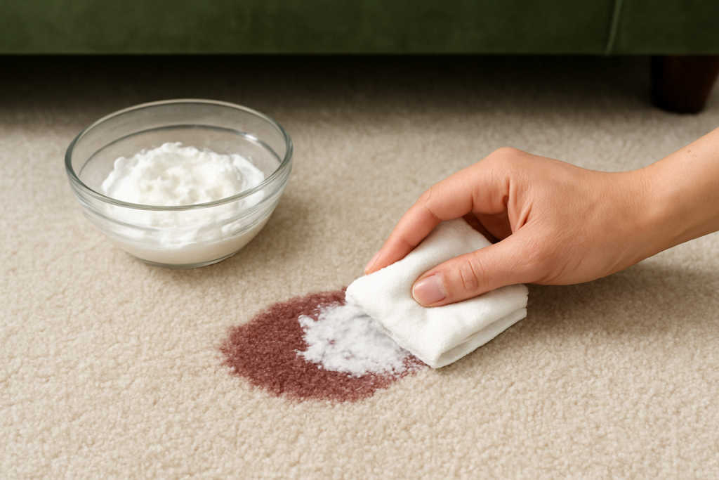Hand applying potato starch paste to remove red wine stain on beige carpet near green sofa.