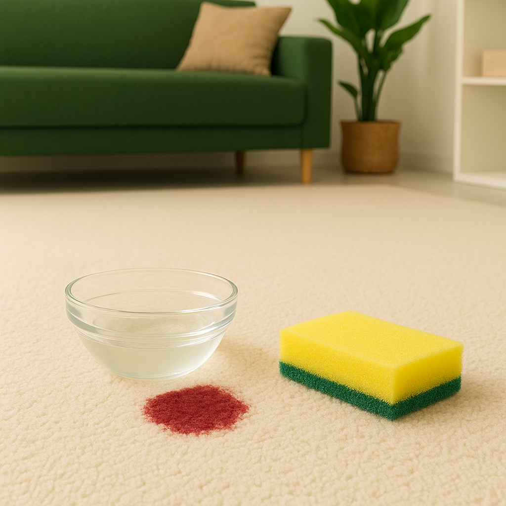 Homemade glycerin and dish soap mix beside a red wine stain being blotted on carpet.