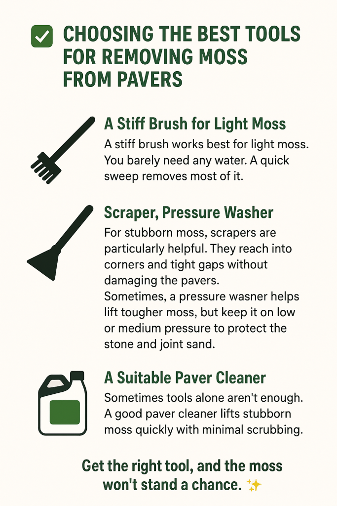 Modern green-and-black infographic explaining tools for removing moss from pavers