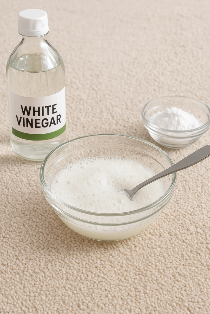 White vinegar and baking powder fizzing in a glass bowl on beige rug.
