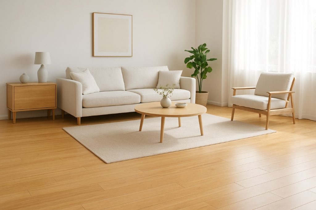 Modern living room with bamboo flooring showcasing the benefits of bamboo flooring.