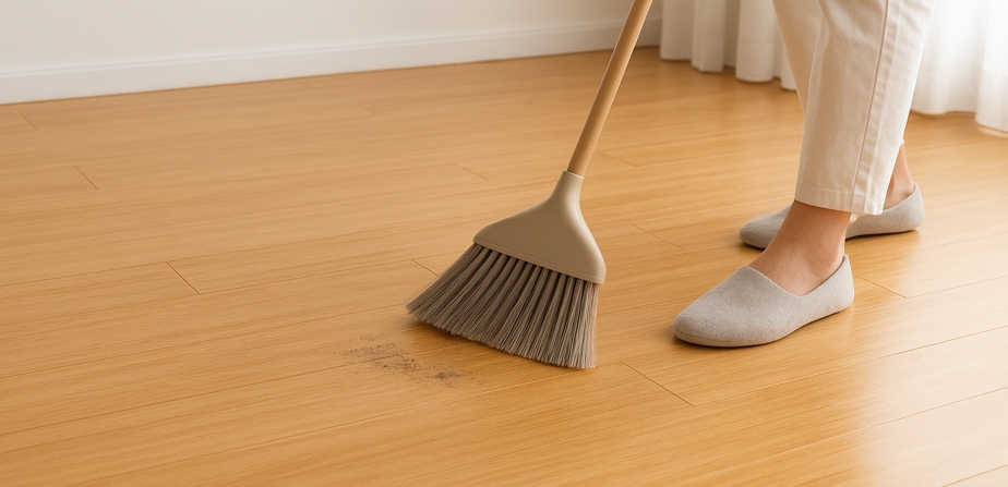 Person sweeping bamboo flooring, showing the advantages of this flooring type for easy cleaning.