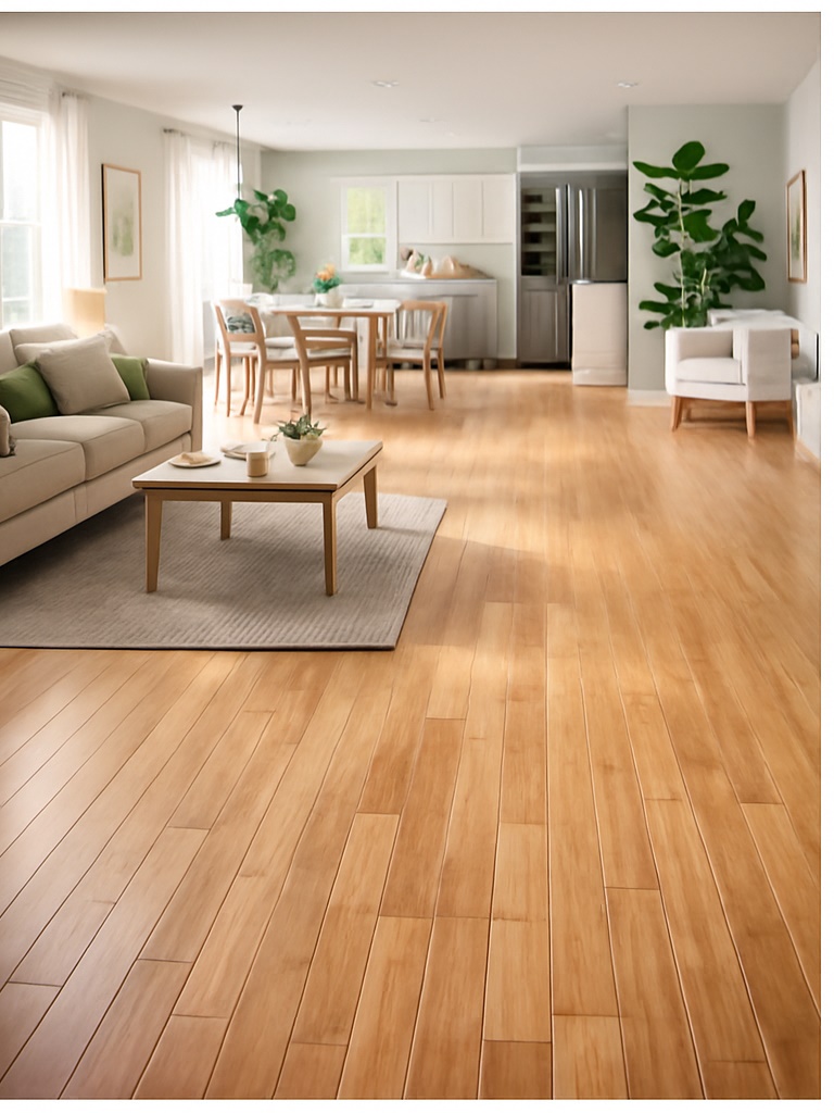 Warm living room with soft lighting and bamboo flooring, inviting relaxation.