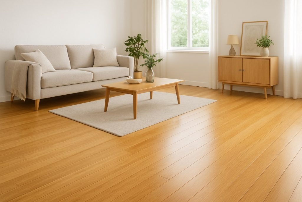 Bright living room with natural light, couch, area rug, and this type of flooring.