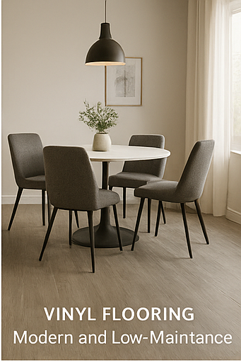 Vinyl, modern wood-like design; durability and low-maintenance benefits