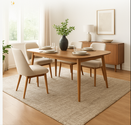 Modern dining room with cozy rug, wooden table, and warm natural light.