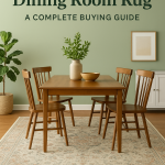 Cozy dining area with a wooden table, chairs, and patterned rug on wood floor.