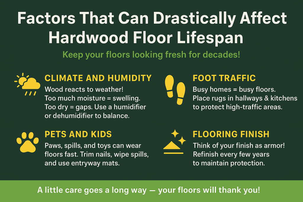Infographic on factors that affect hardwood floor lifespan: humidity, traffic, pets, and finish.