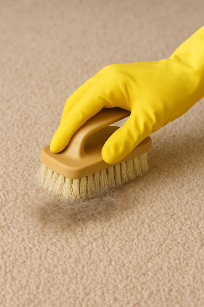 Yellow rubber glove using a carpet brush to pull pet hair out of a beige carpet.