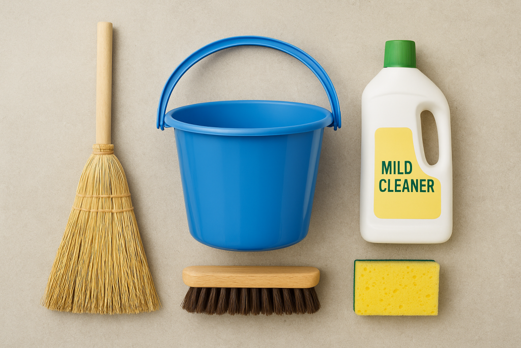 Flat-lay photo of paver-cleaning tools including a broom, bucket, scrub brush, sponge, and mild cleaner on a neutral surface.