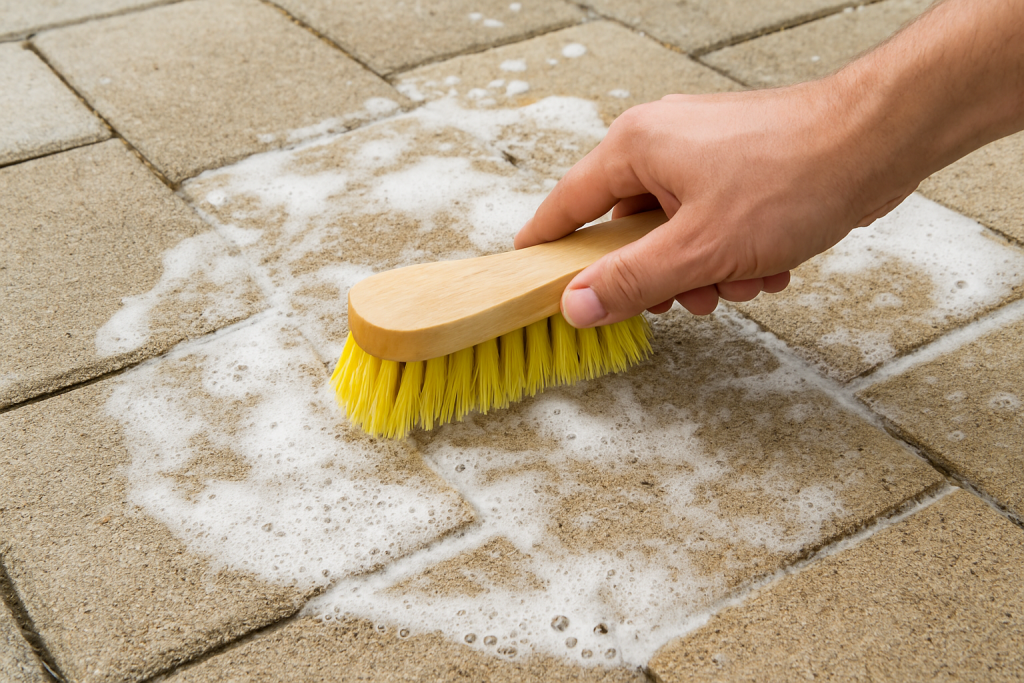 Close-up of a hand scrubbing soapy water across paver stones with a yellow-bristle brush.