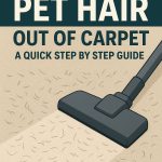 Featured graphic showing how to get rid of pet hair on carpet with a vacuum clearing hair.