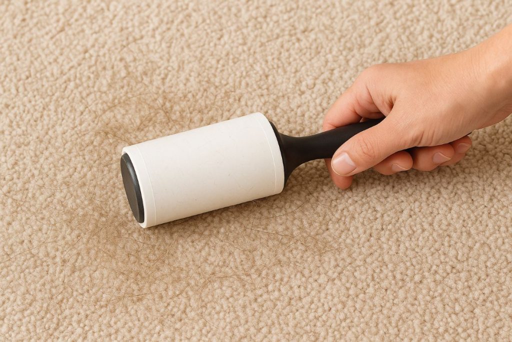 Close-up of a hand using a lint roller on a beige carpet to pick up pet hair.