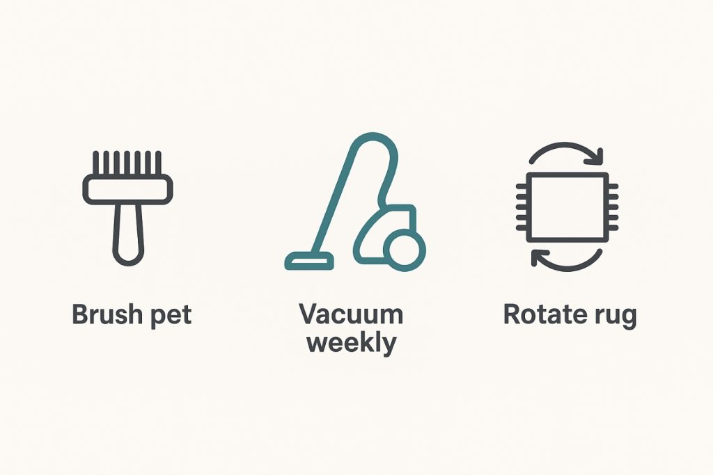 Simple infographic showing three pet-hair maintenance tips: brushing your pet, vacuuming weekly, and rotating rugs.
