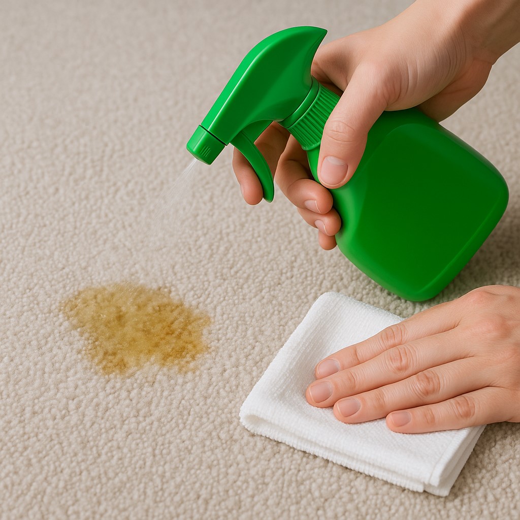 Hand spraying cleaner on a carpet stain while blotting with a white cloth.