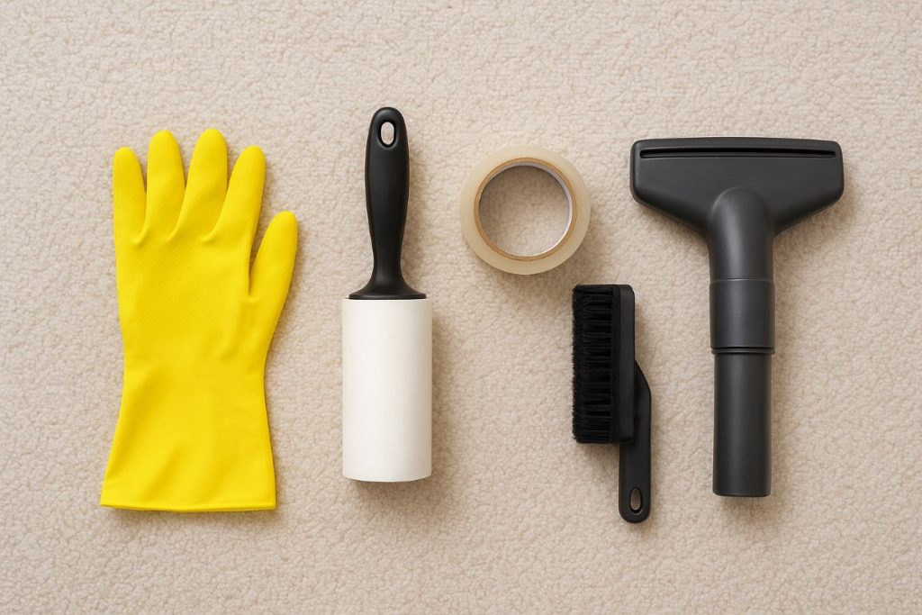 Flat lay of rubber gloves, lint roller, tape, carpet brush, and pet-hair vacuum attachment on a carpet.
