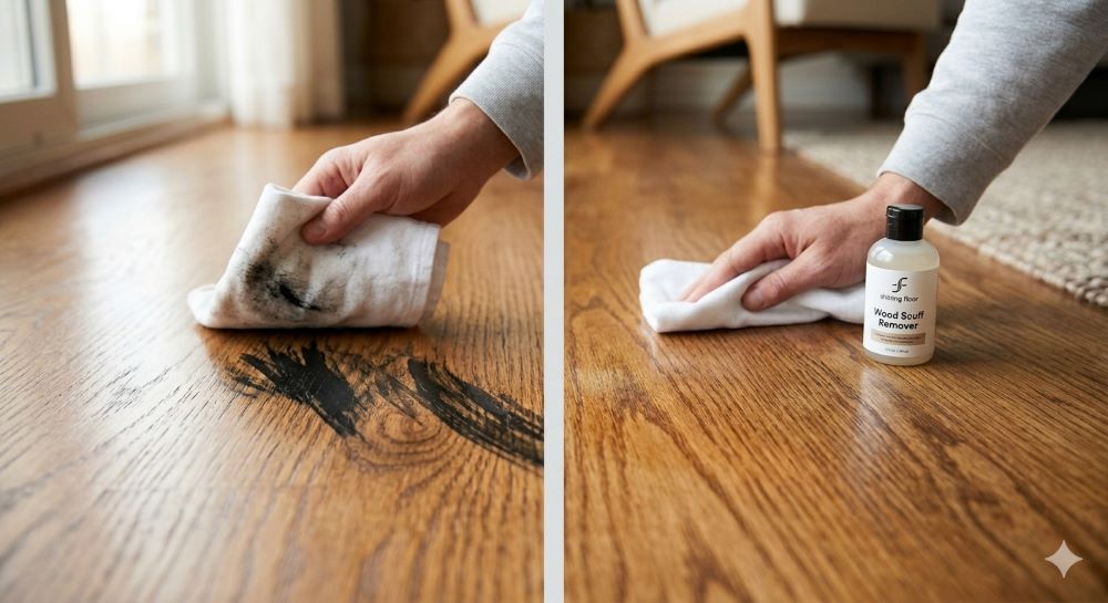 Before-and-after wood floor showing scuff marks removed.