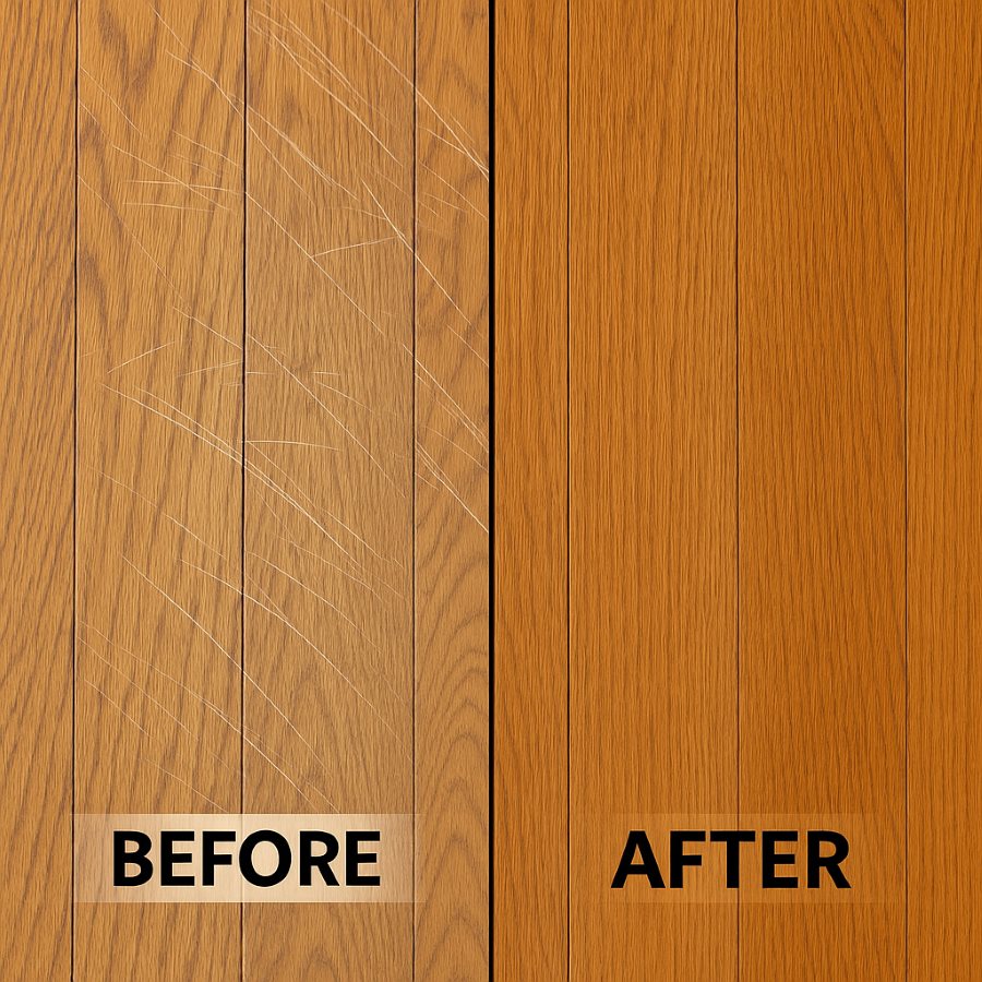 Before-and-after wood floor showing scuff marks removed.