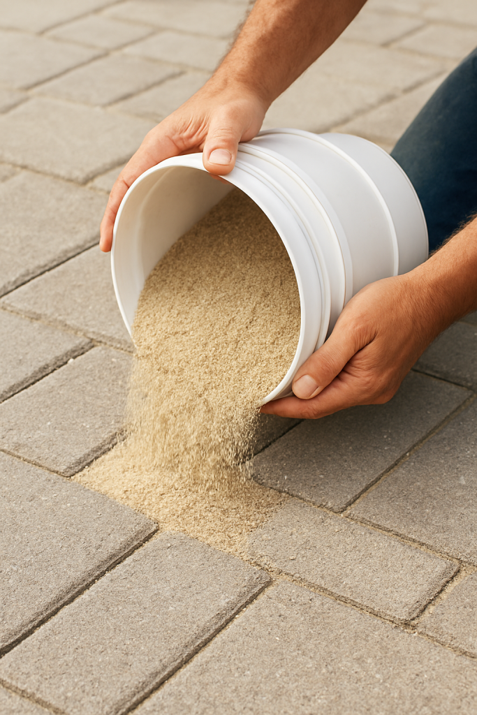Close-up of sand being poured into paver gaps to prevent weed growth.