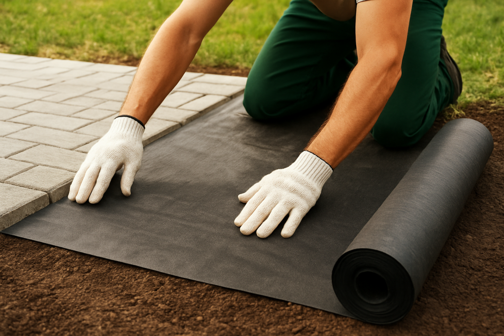 Landscaper laying weed barrier fabric under pavers to block weeds from growing.