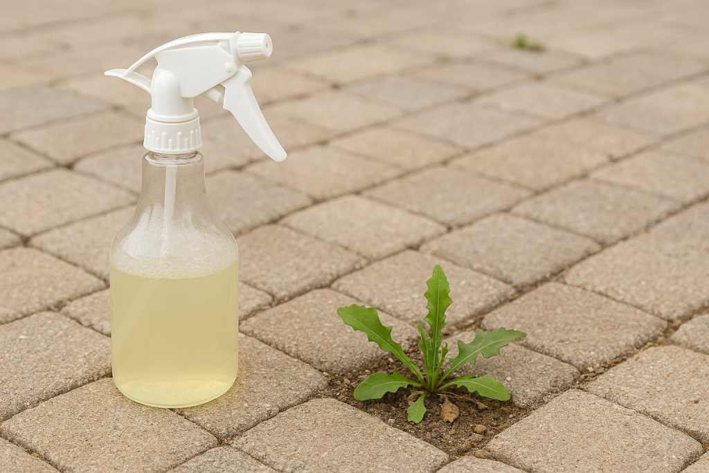 A clear spray bottle filled with homemade vinegar weed killer placed beside a small green weed growing between paver stones.
