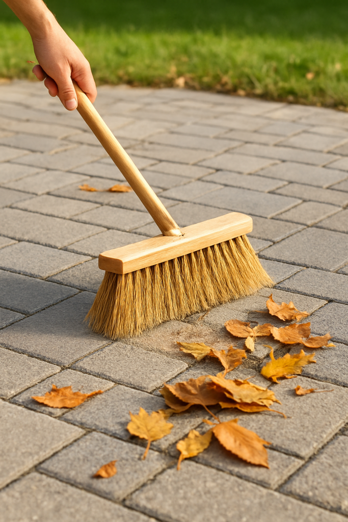 Hand broom sweeping dry leaves off paver stones during regular cleaning.