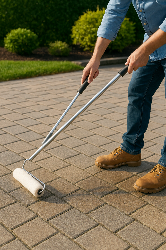 Applying paver sealer with a roller to help preventing weeds between pavers and protect the surface.