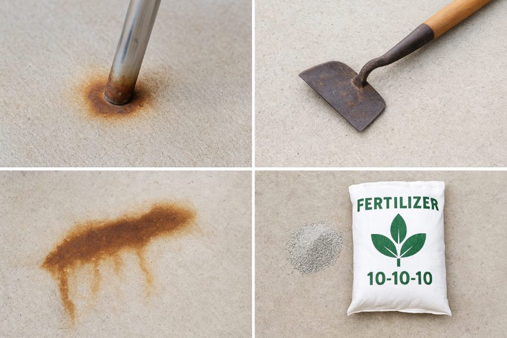 Collage of metal furniture, garden tools, pipes, and fertilizers that cause rust stains on concrete.