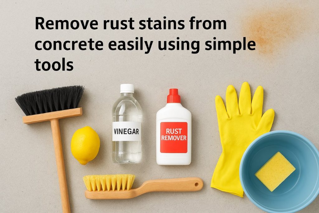 Set of tools including broom, scrub brush, gloves, lemon juice, and rust remover for cleaning concrete.