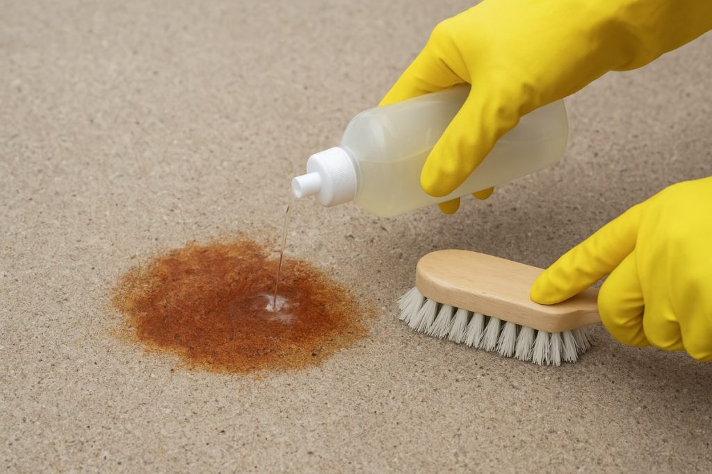 Person applying cleaning solution and scrubbing rust stain on concrete.