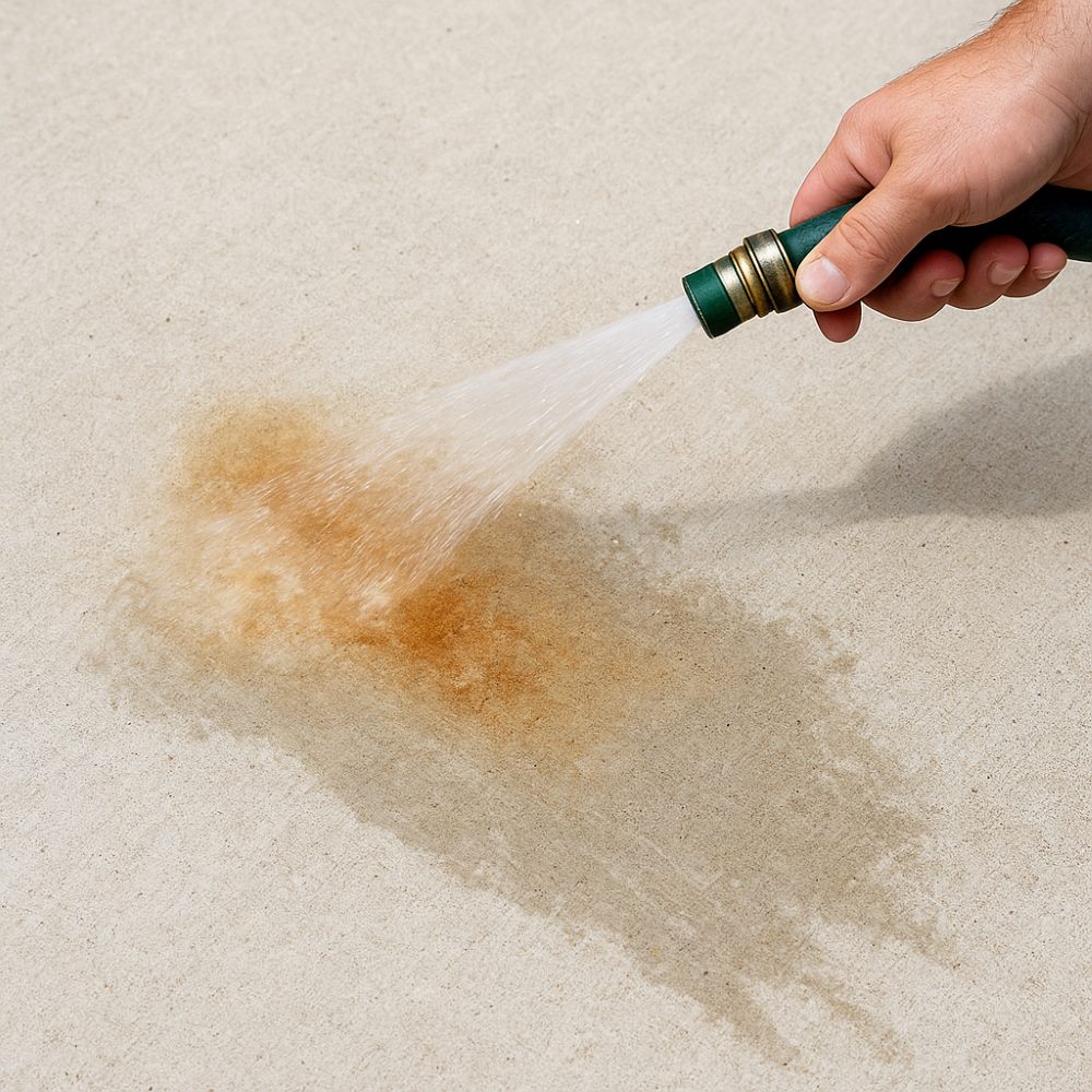 Person rinsing rust stain off concrete with a garden hose.