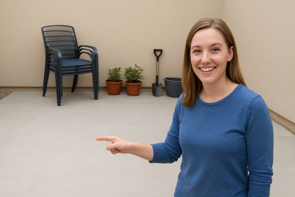 Woman smiling on clean, rust-free floor, showing successful stain removal.