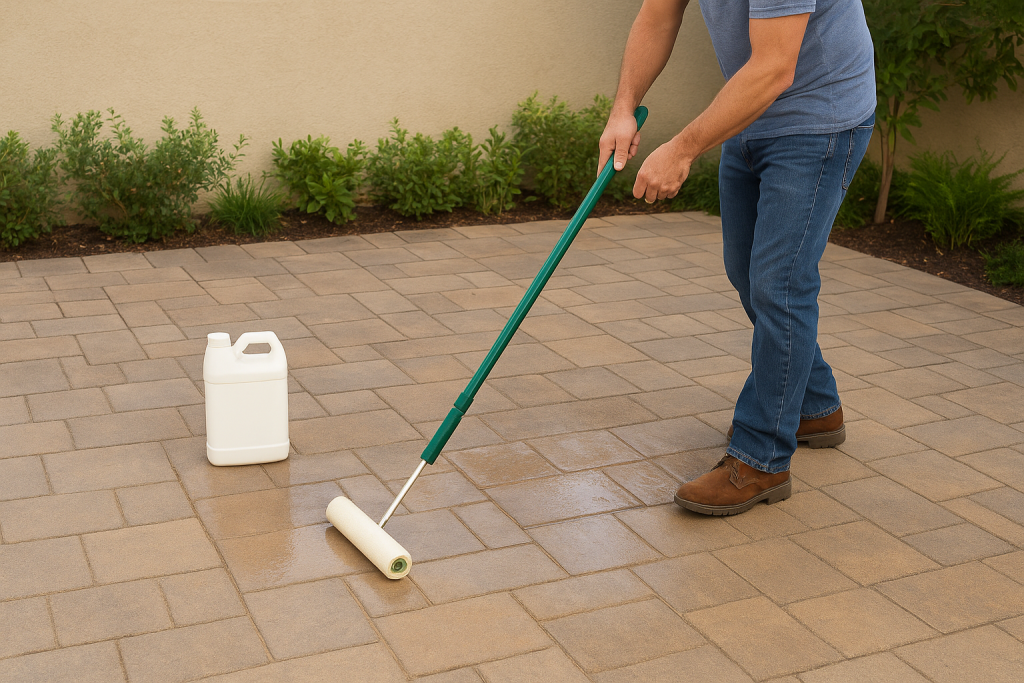 Person applying sealer to clean patio pavers, demonstrating how sealing helps prevent the unwanted from coming back.