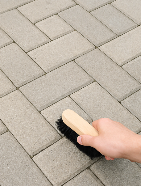 Clean, moss-free pavers being brushed by hand, showing the results after getting rid of that green fuzz and maintaining a fresh patio surface.