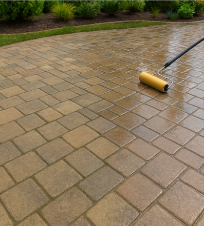 A roller applying sealer on outdoor paver stones.