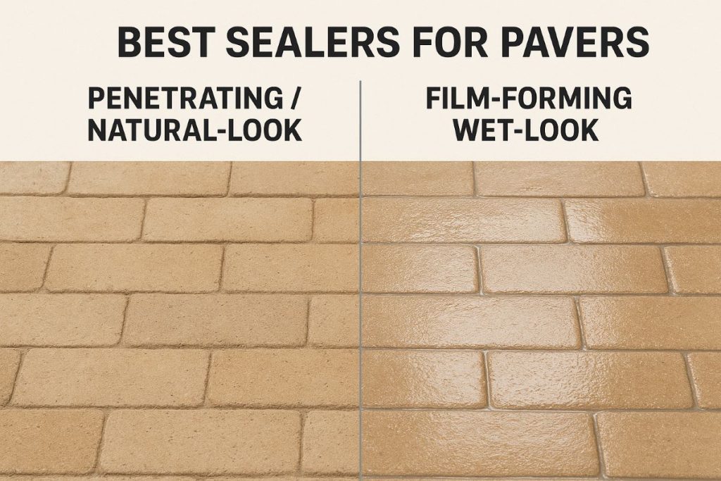 Side-by-side comparison of penetrating paver sealer vs. film-forming wet-look sealer.
